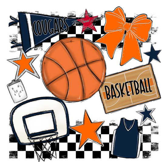 Cougars Checkers Basketball Spirit Design-Navy-Orange