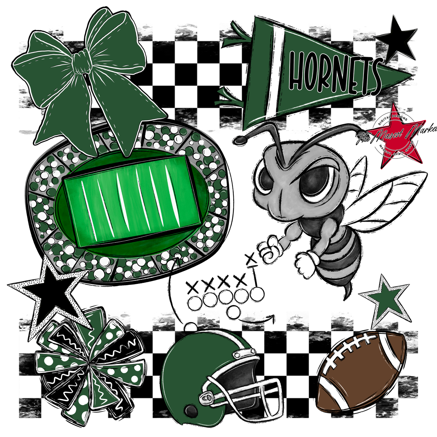 Hornets Checkers Mascot Spirit Design-Green