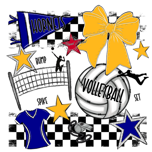 Hornets Checkers Volleyball Spirit Design-Blue-Yellow