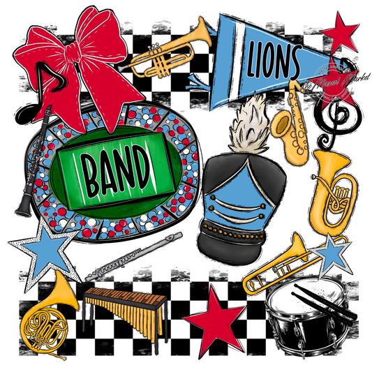 Lions Checkers Band Spirit Design-Carolina Blue-Red