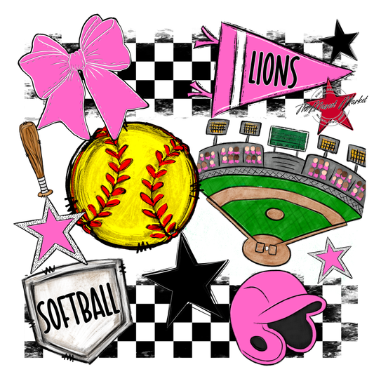 Lions Checkers Softball Spirit Design-Baby Pink