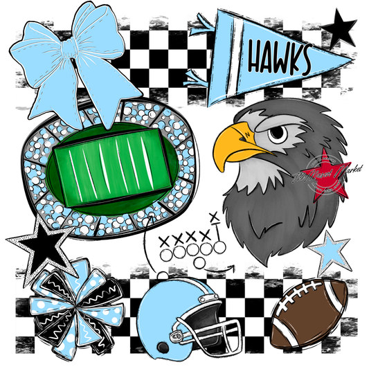 Hawks Checkers Mascot Spirit Design-Columbia Blue