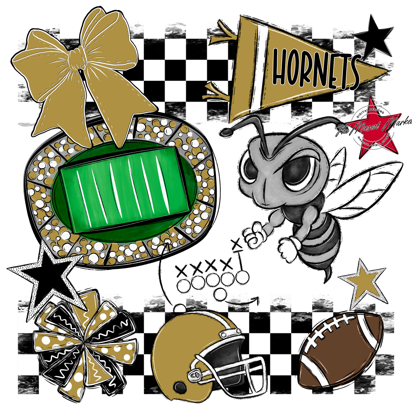 Hornets Checkers Mascot Spirit Design-Gold