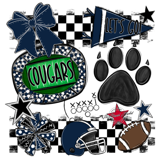 Cougars Checkers Mascot Spirit Design w Paw-Navy