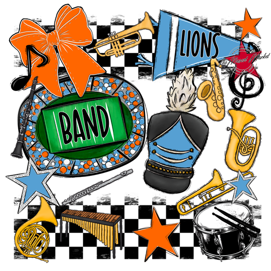 Lions Checkers Band Spirit Design-Carolina Blue-Orange