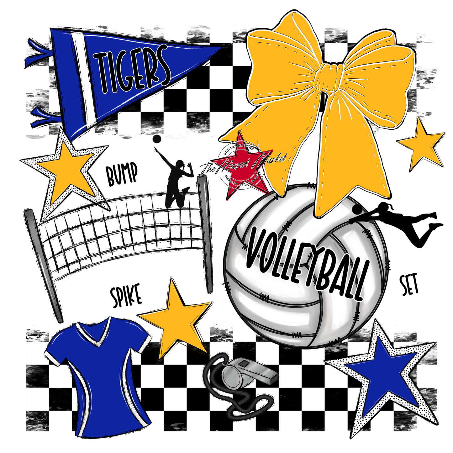 Tigers Checkers Volleyball Spirit Design-Royal Blue-Yellow