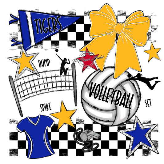 Tigers Checkers Volleyball Spirit Design-Royal Blue-Yellow