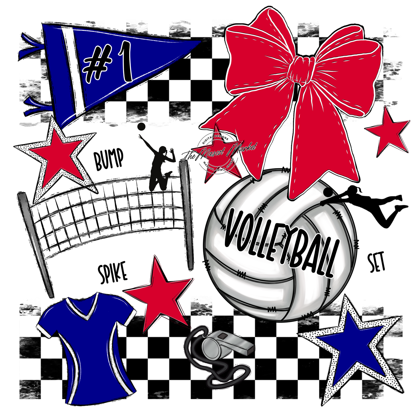 Volleyball Checkers Spirit Design-Blue-Red