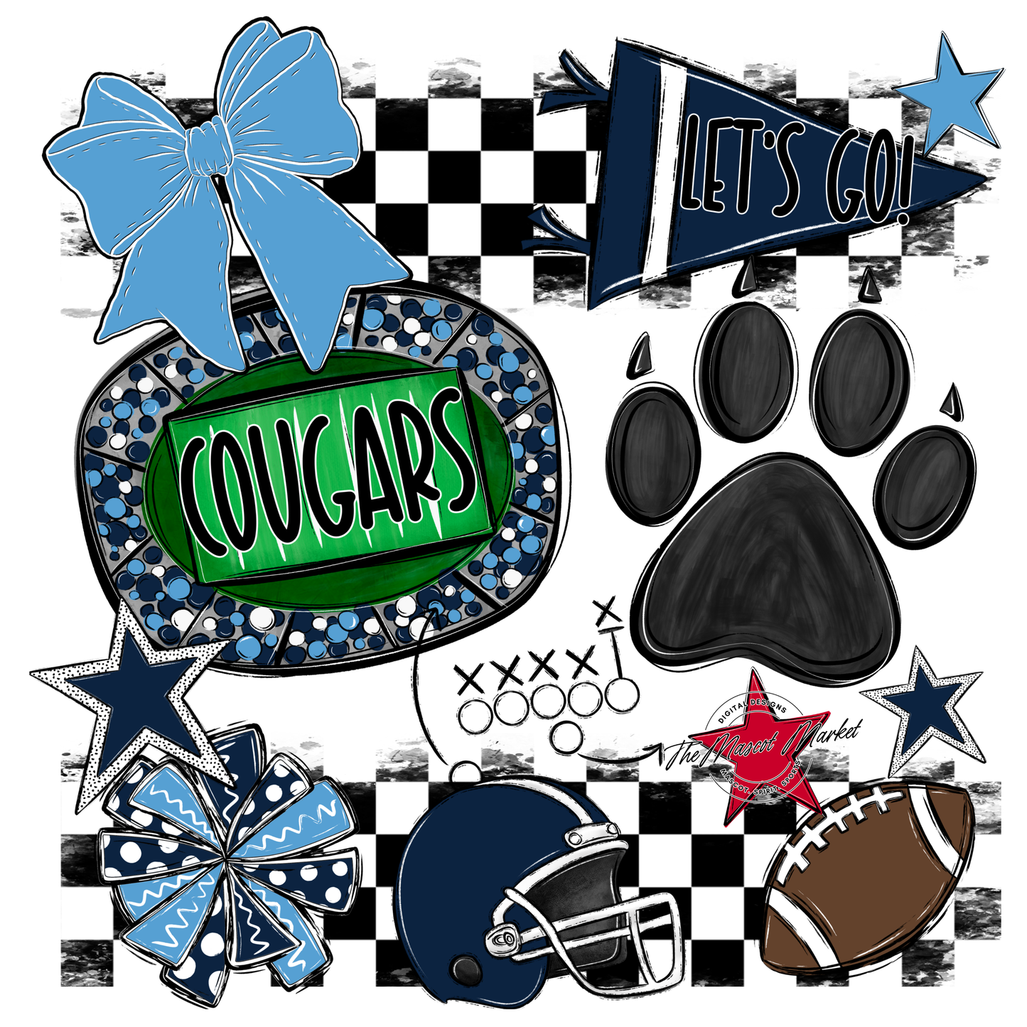 Cougars Checkers Mascot Spirit Design w Paw-Navy-Carolina Blue