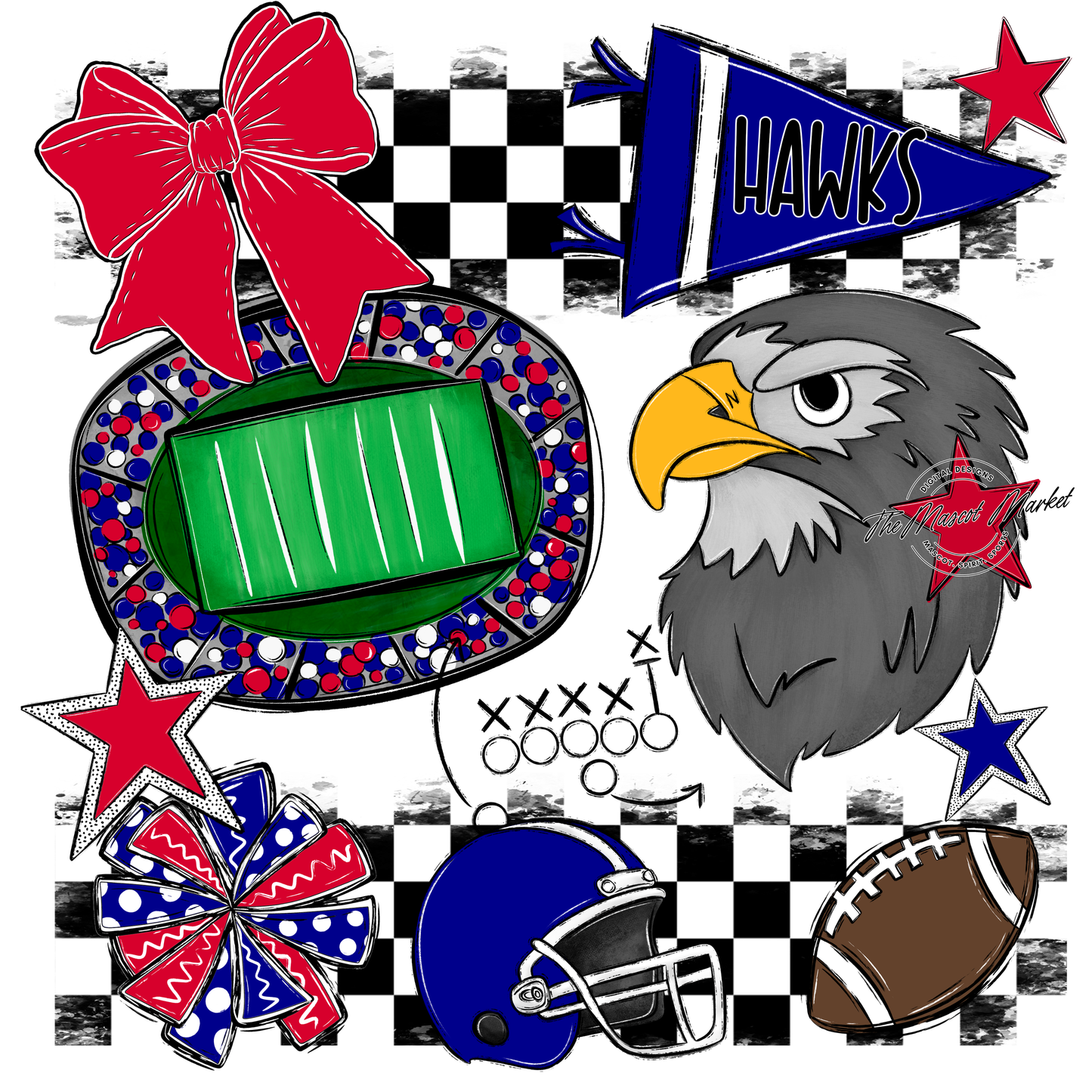 Hawks Checkers Mascot Spirit Design-Blue-Red