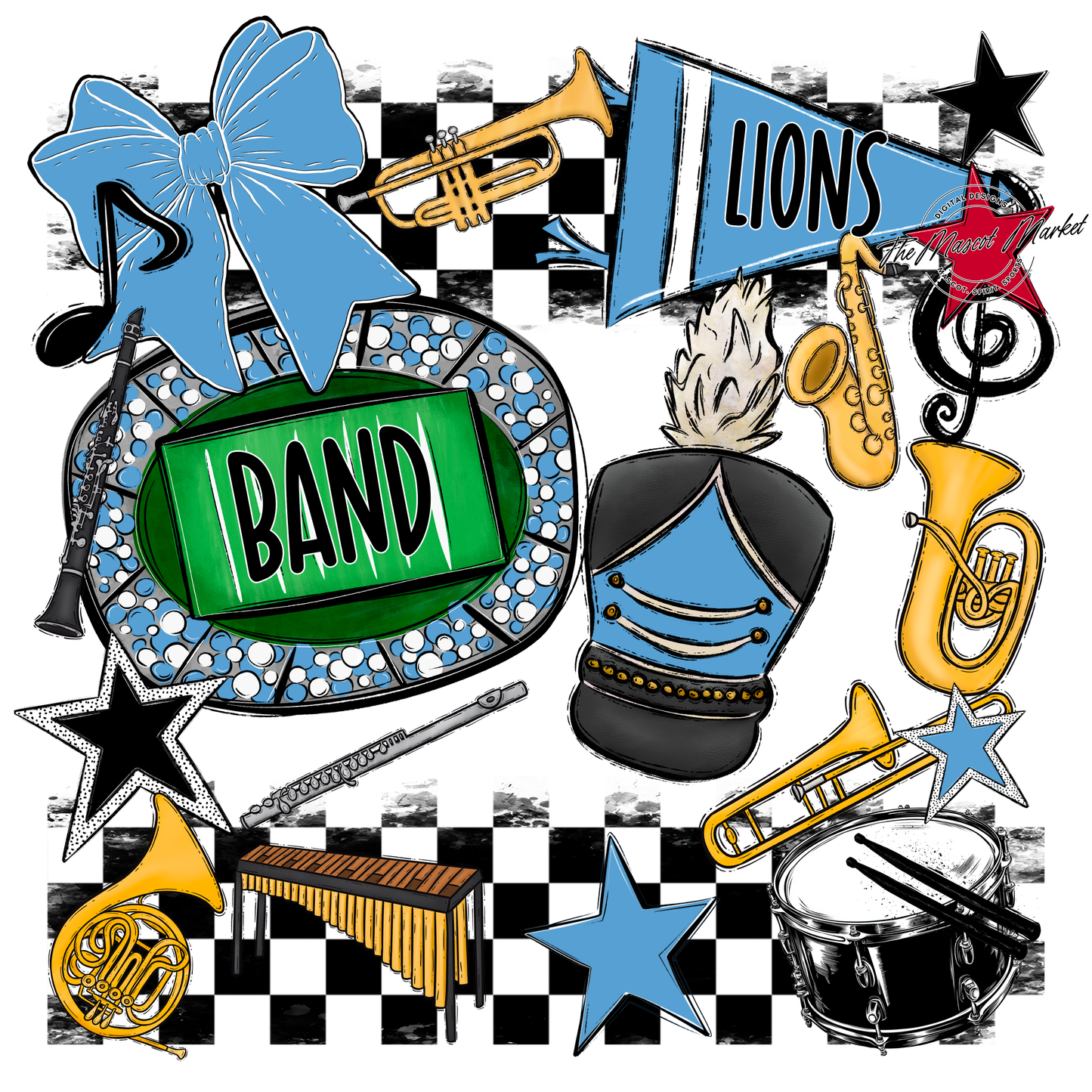 Lions Checkers Band Spirit Design-Carolina Blue