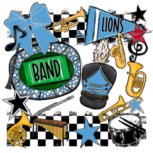 Lions Checkers Band Spirit Design-Carolina Blue