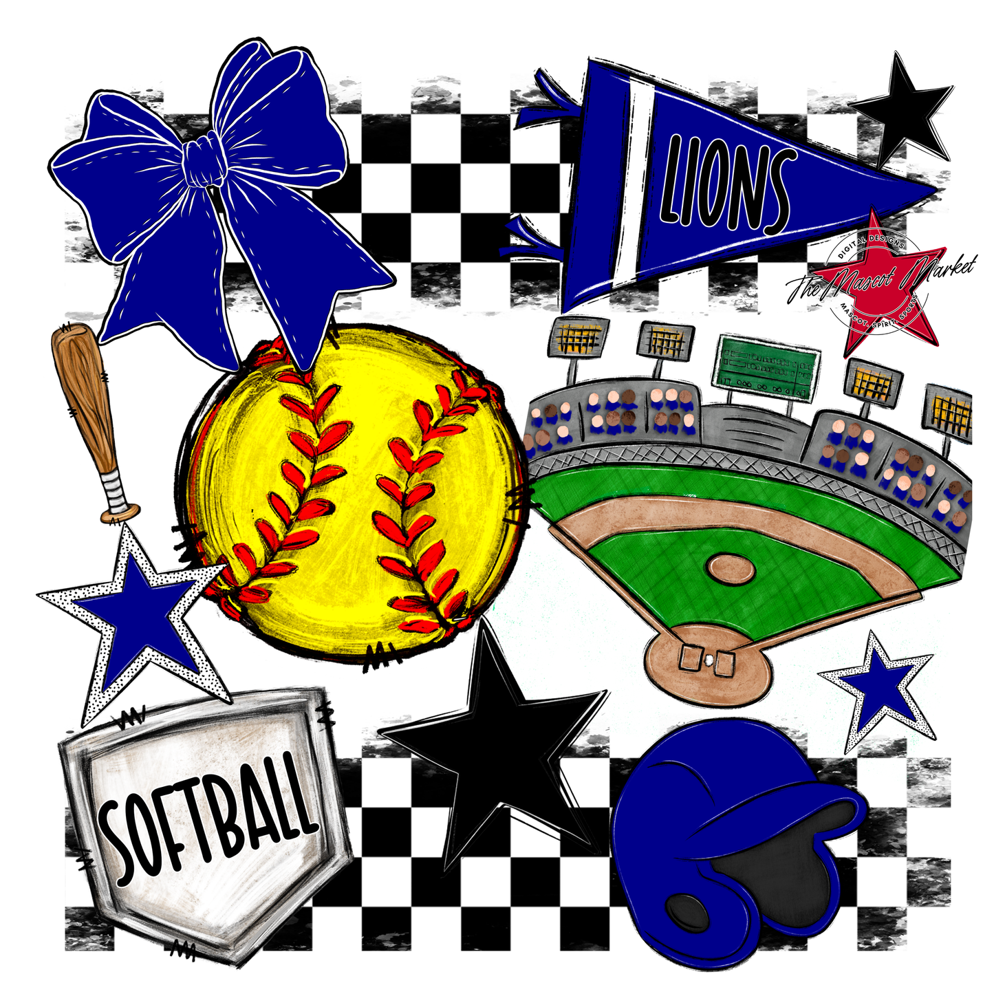 Lions Checkers Softball Spirit Design-Blue