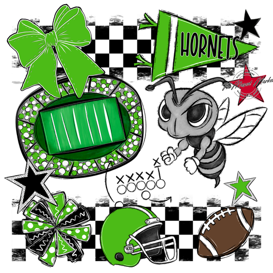 Hornets Checkers Mascot Spirit Design-Bright Green