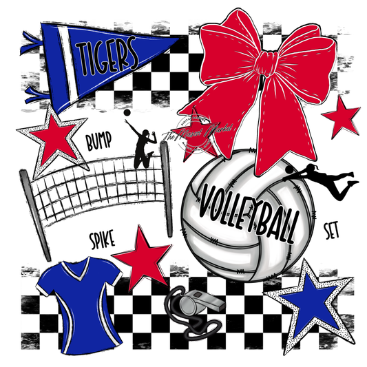 Tigers Checkers Volleyball Spirit Design-Royal Blue-Red