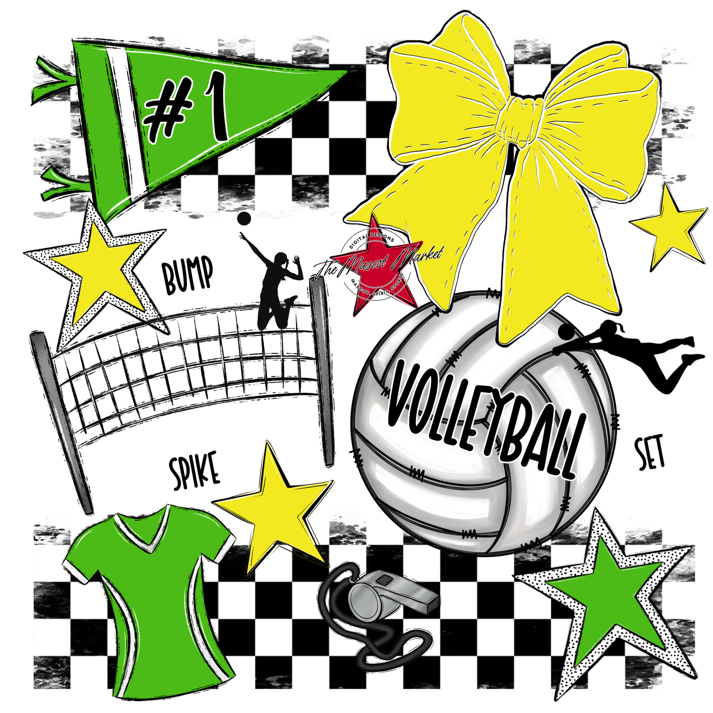Volleyball Checkers Spirit Design-Bright Green-Bright Yellow