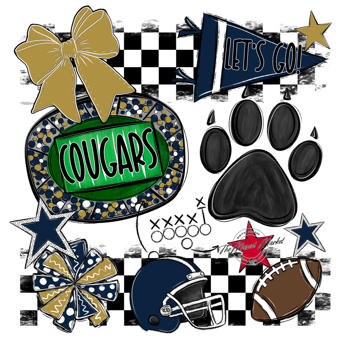 Cougars Checkers Mascot Spirit Design w Paw-Navy-Gold