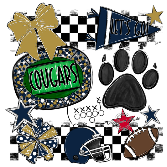 Cougars Checkers Mascot Spirit Design w Paw-Navy-Gold