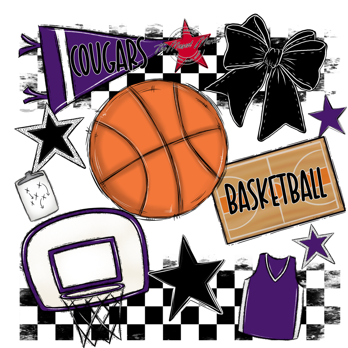 Cougars Checkers Basketball Spirit Design-Purple