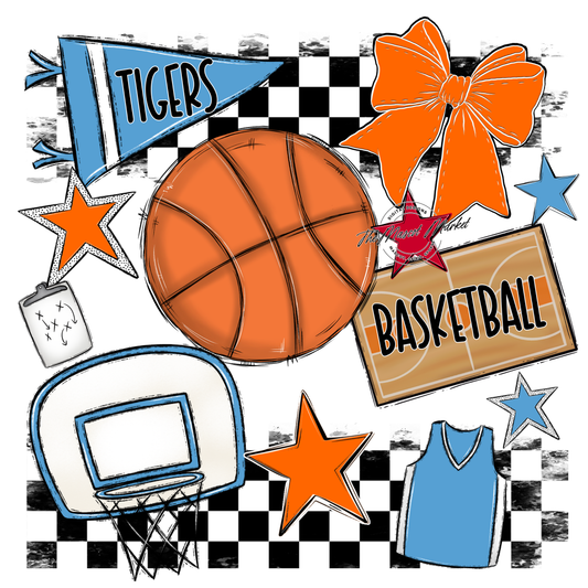 Tigers Checkers Basketball Spirit Design-Carolina Blue-Orange