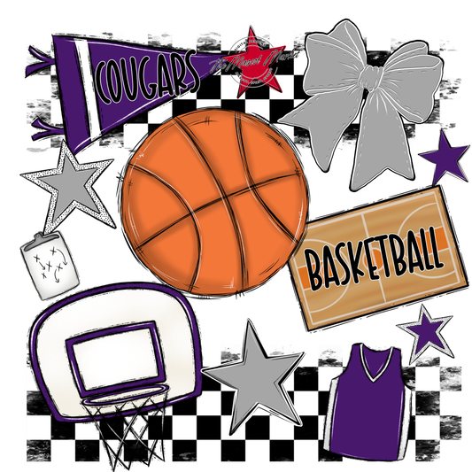 Cougars Checkers Basketball Spirit Design-Purple-Grey