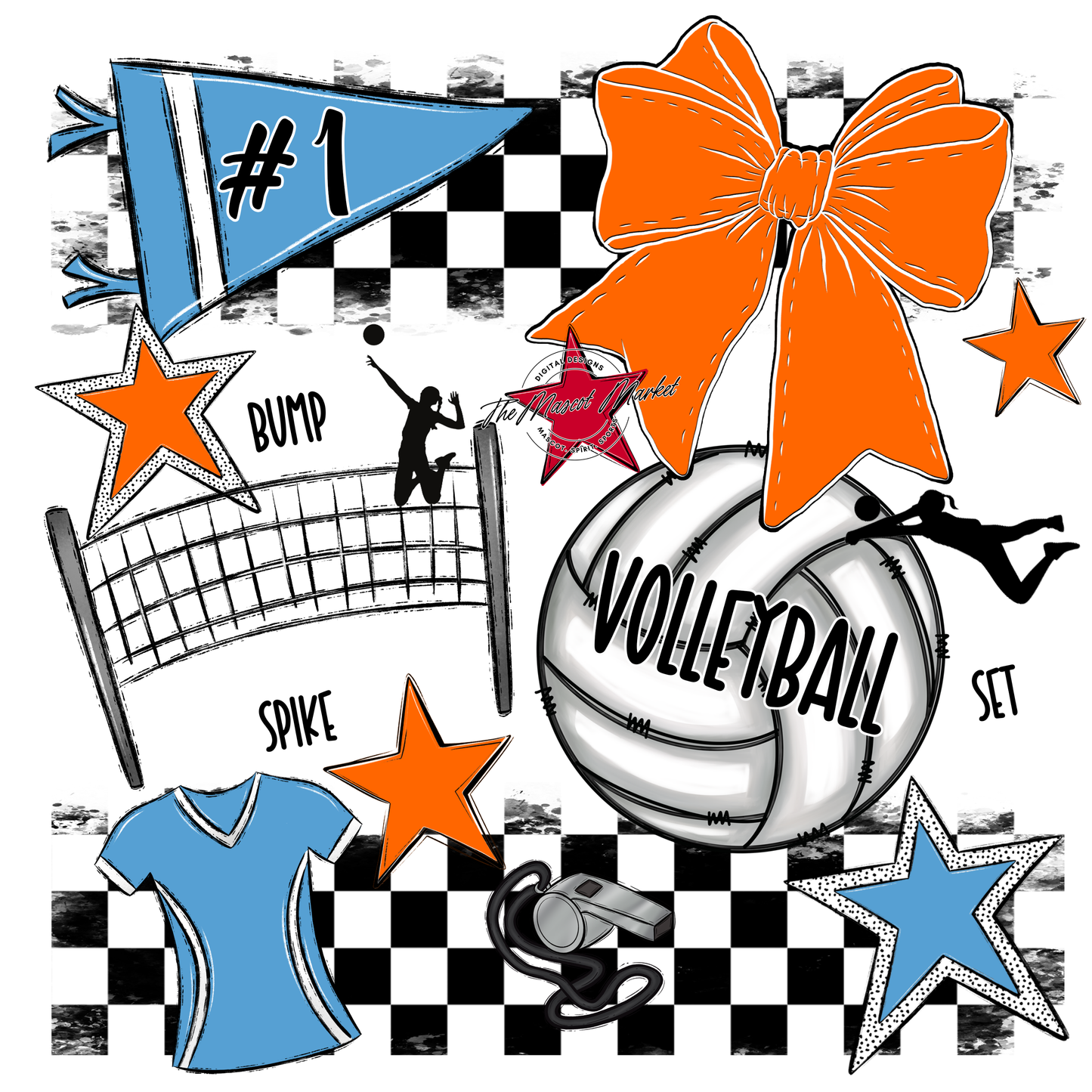 Volleyball Checkers Spirit Design-Carolina Blue-Orange