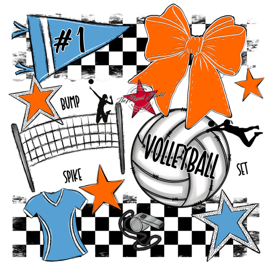 Volleyball Checkers Spirit Design-Carolina Blue-Orange