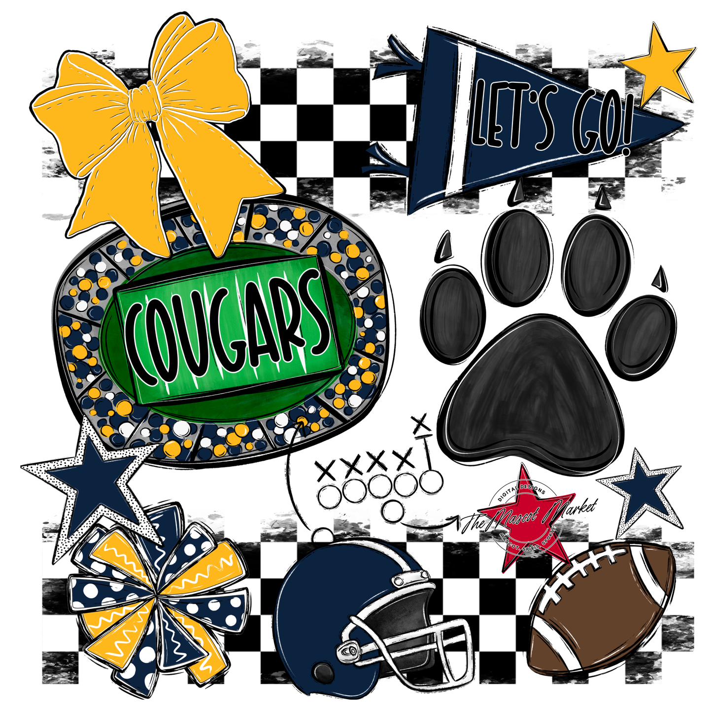 Cougars Checkers Mascot Spirit Design w Paw-Navy-Yellow