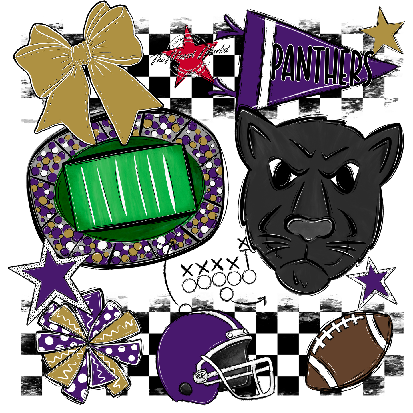 Panthers Checkers Mascot Spirit Design-Purple-Gold