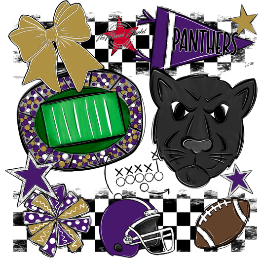 Panthers Checkers Mascot Spirit Design-Purple-Gold
