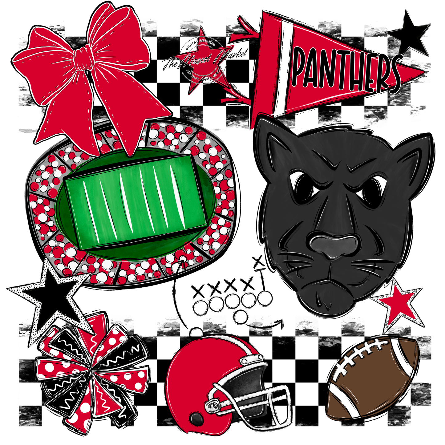 Panthers Checkers Mascot Spirit Design-Red