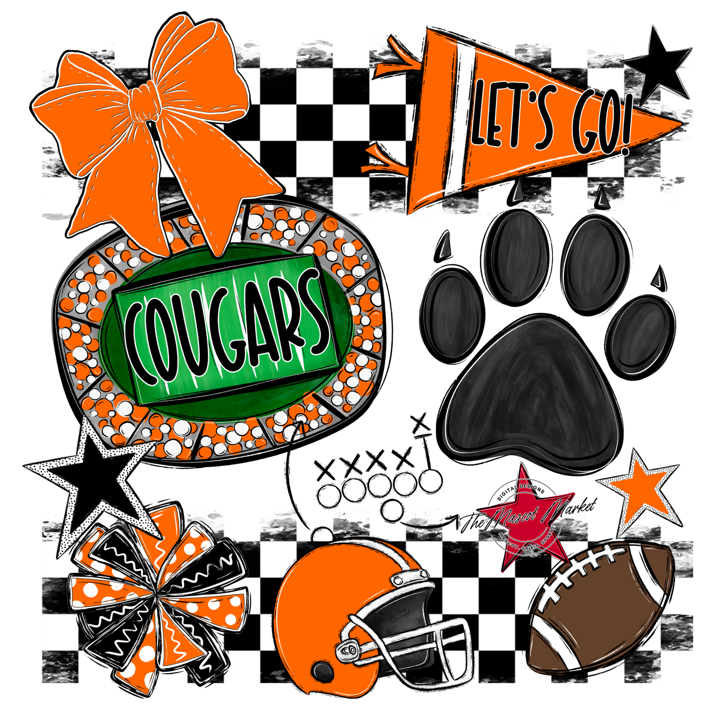 Cougars Checkers Mascot Spirit Design w Paw-Orange