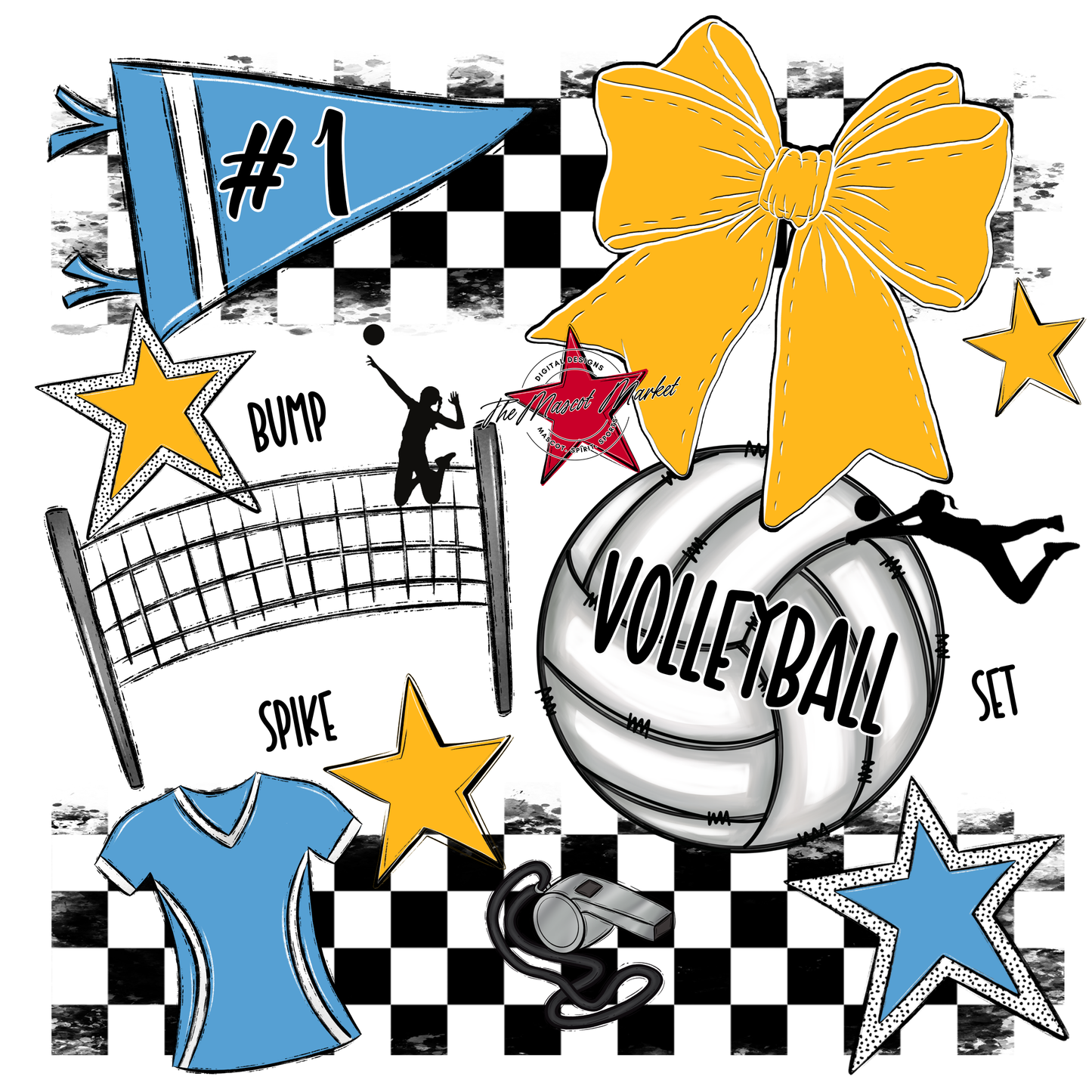 Volleyball Checkers Spirit Design-Carolina Blue-Yellow