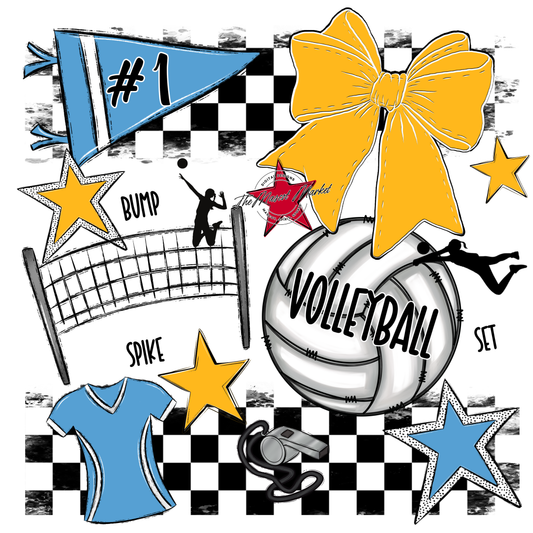 Volleyball Checkers Spirit Design-Carolina Blue-Yellow