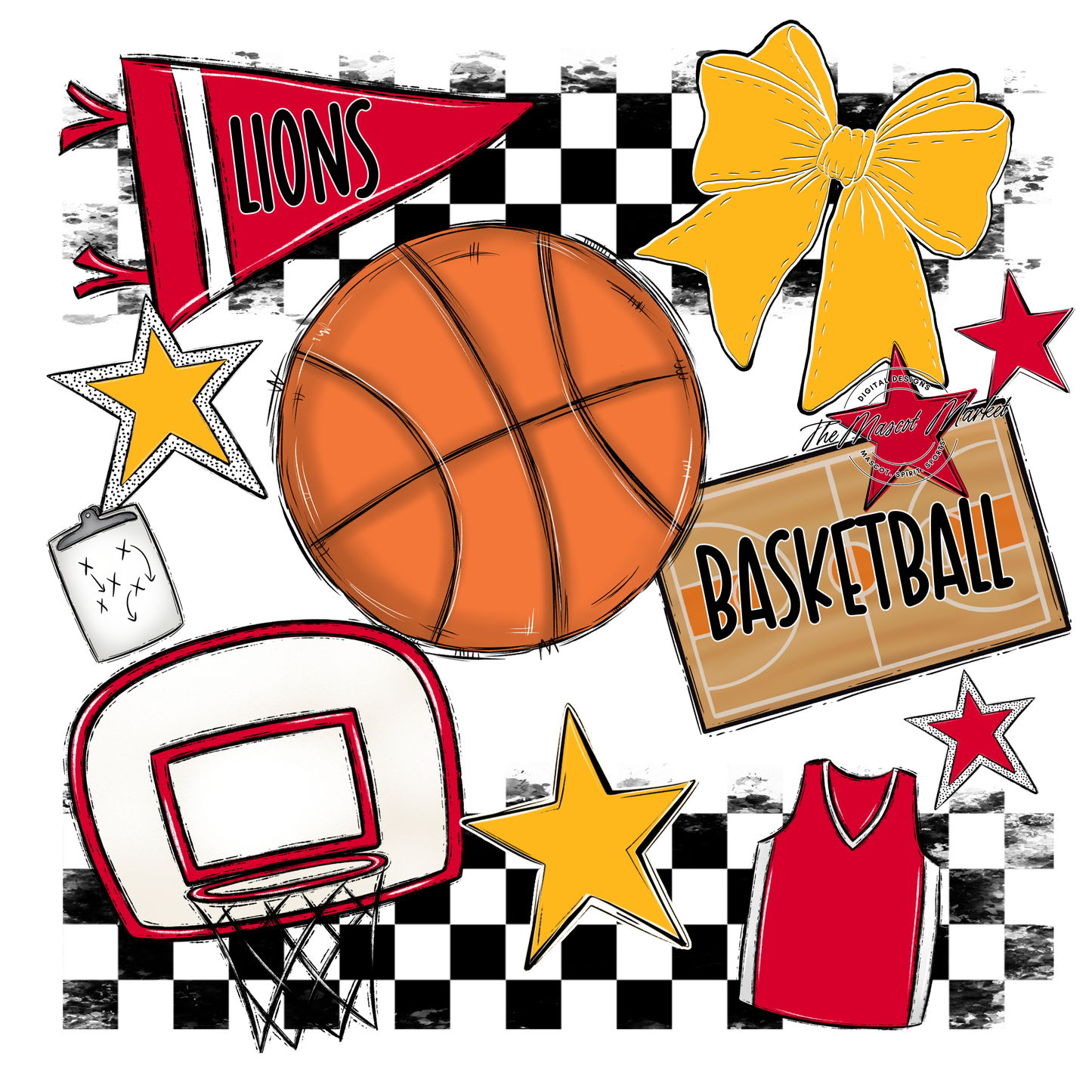 Lions Checkers Basketball Spirit Design-Red-Yellow