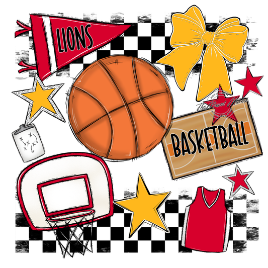 Lions Checkers Basketball Spirit Design-Red-Yellow