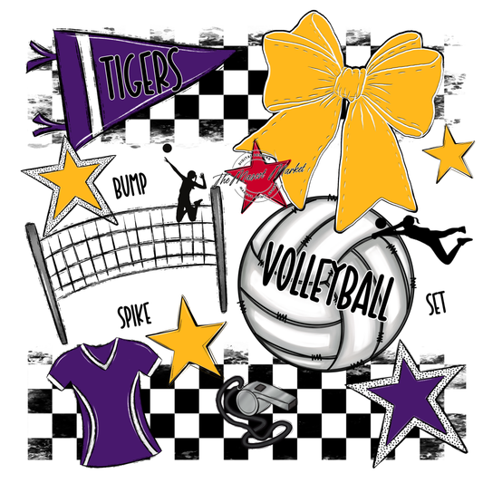 Tigers Checkers Volleyball Spirit Design-Purple-Yellow