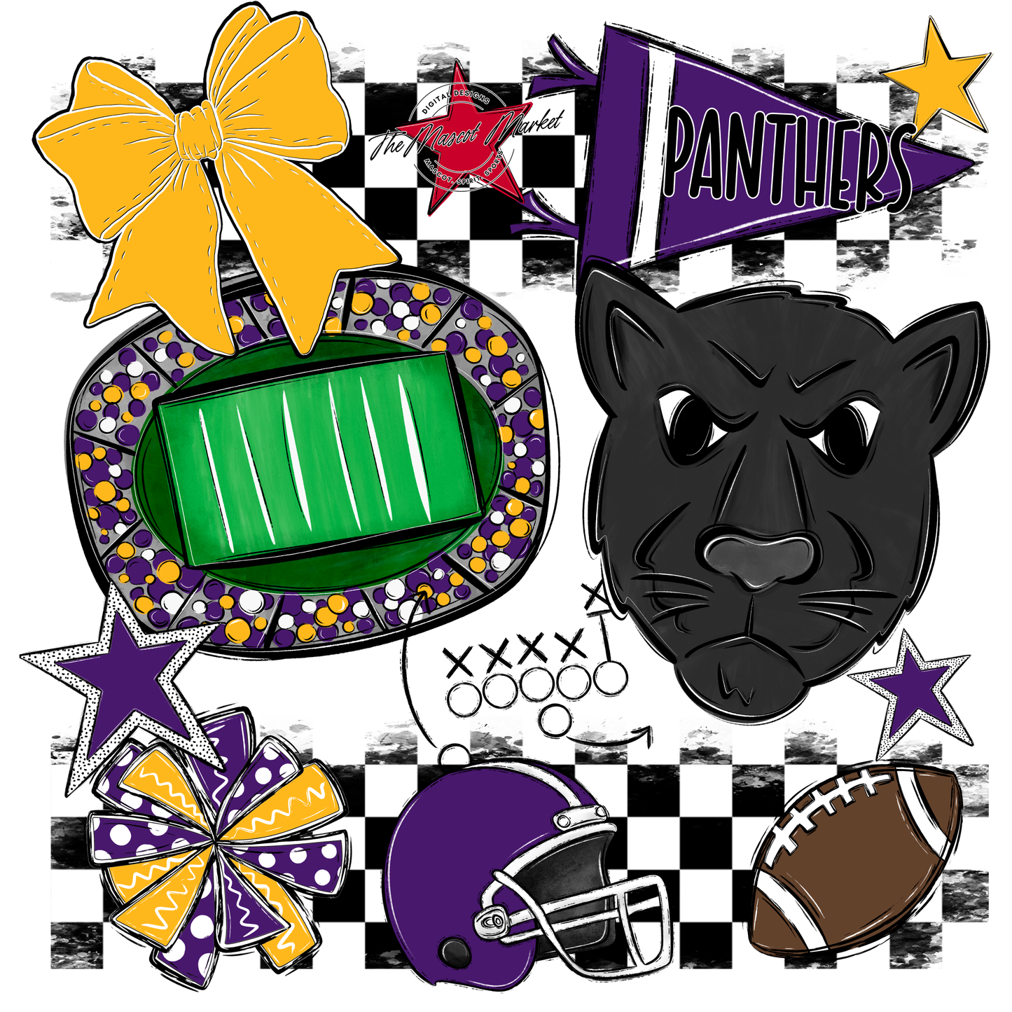Panthers Checkers Mascot Spirit Design-Purple-Yellow