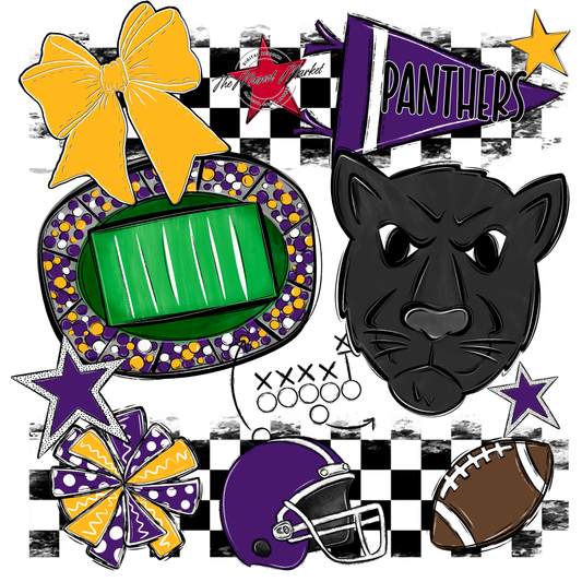 Panthers Checkers Mascot Spirit Design-Purple-Yellow