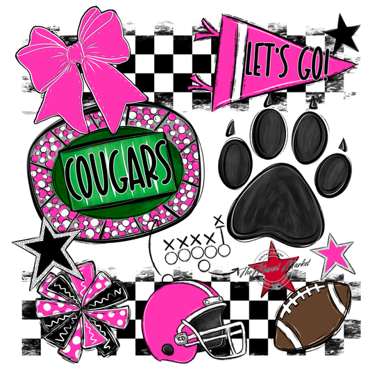 Cougars Checkers Mascot Spirit Design w Paw-Pink
