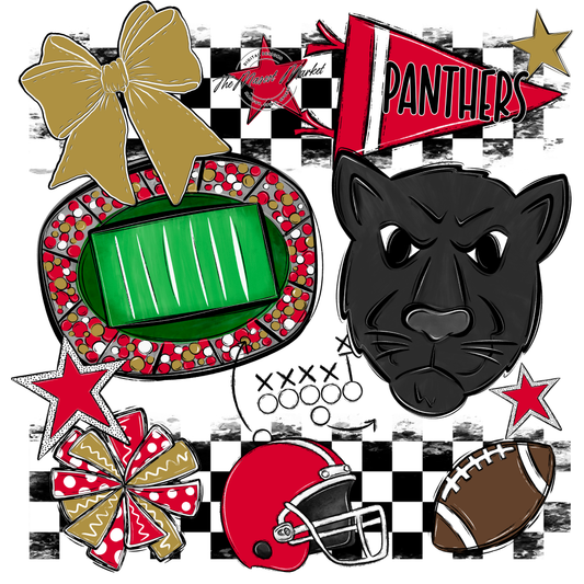 Panthers Checkers Mascot Spirit Design-Red-Gold
