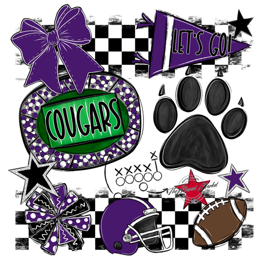 Cougars Checkers Mascot Spirit Design w Paw-Purple
