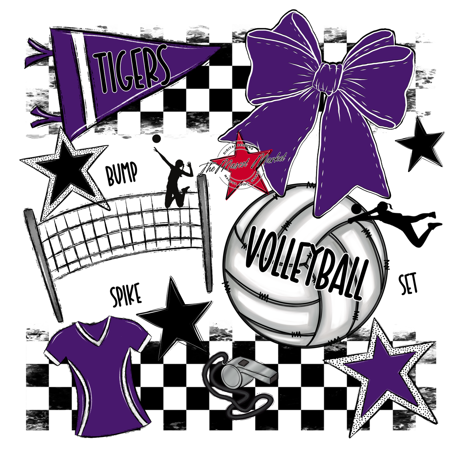 Tigers Checkers Volleyball Spirit Design-Purple