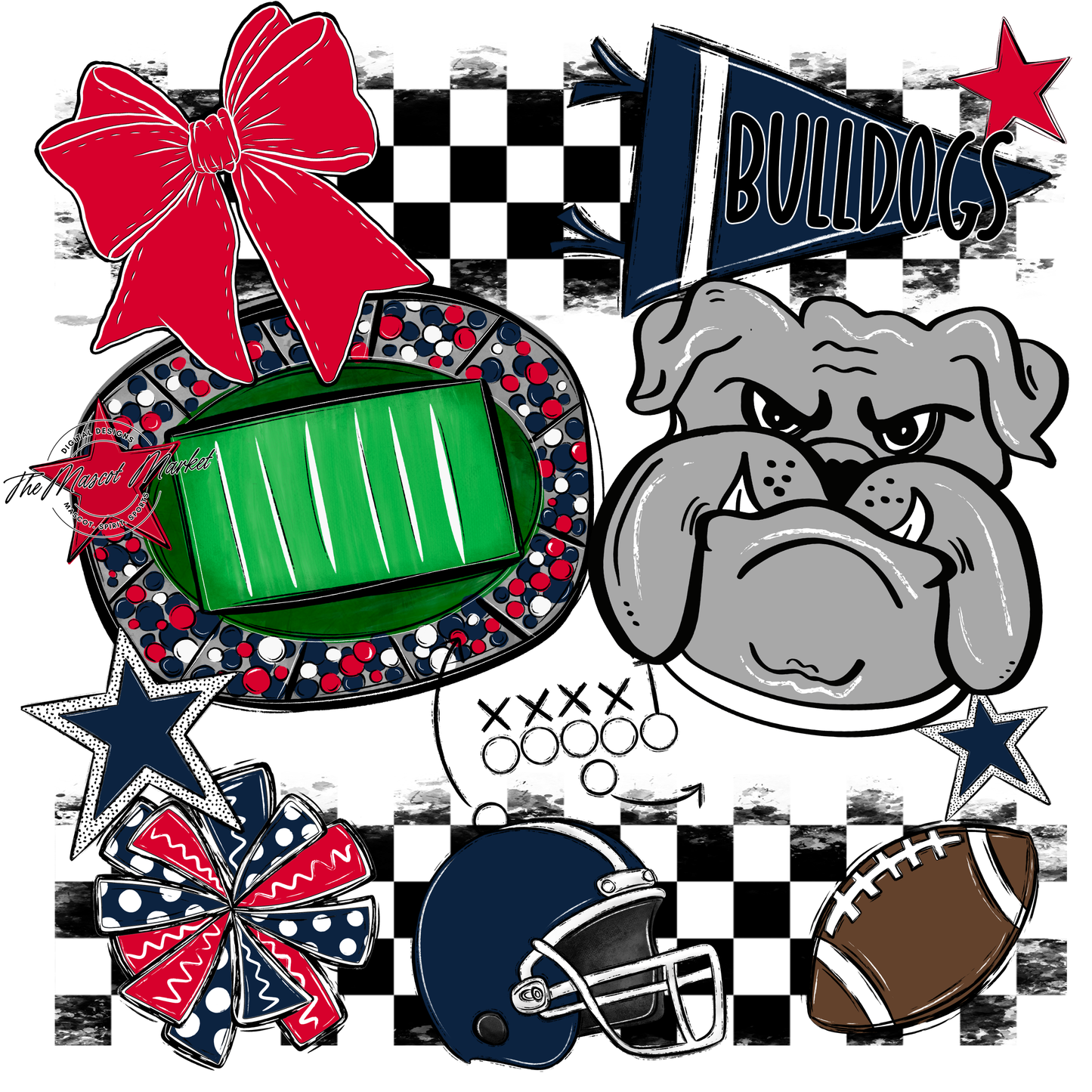 Bulldogs Checkers Mascot Spirit Design-Navy-Red