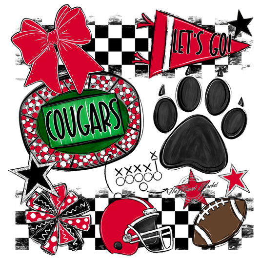 Cougars Checkers Mascot Spirit Design w Paw-Red
