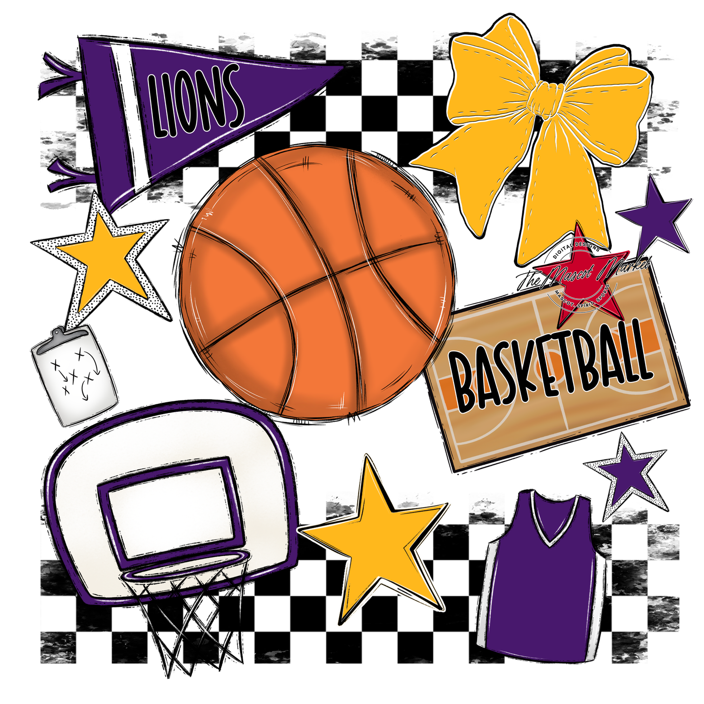 Lions Checkers Basketball Spirit Design-Purple-Yellow