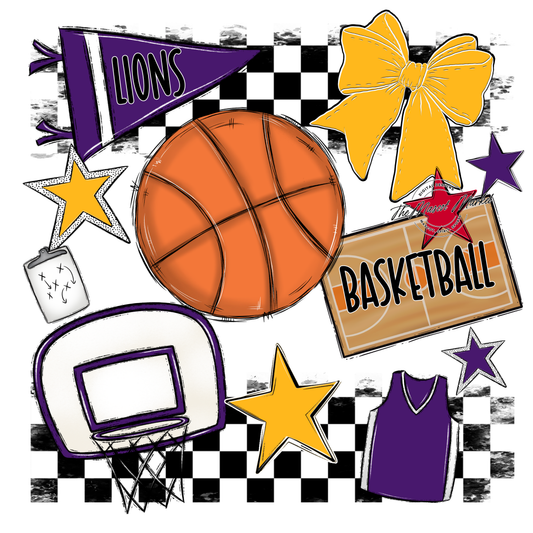 Lions Checkers Basketball Spirit Design-Purple-Yellow