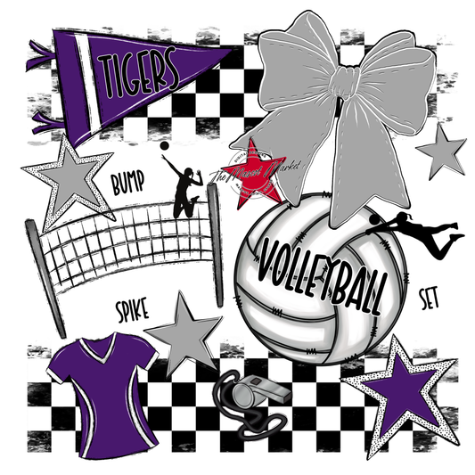 Tigers Checkers Volleyball Spirit Design-Purple-Grey