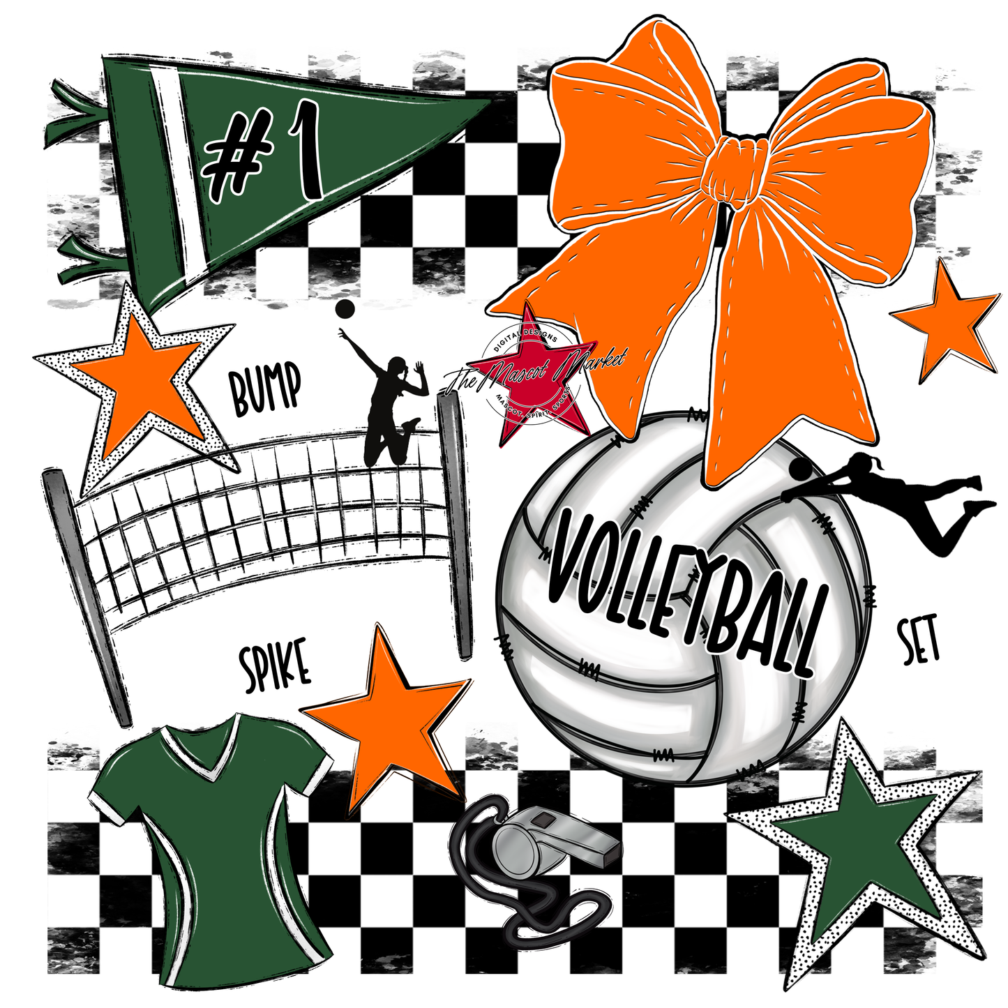 Volleyball Checkers Spirit Design-Green-Orange