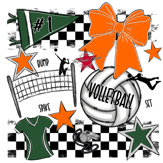 Volleyball Checkers Spirit Design-Green-Orange